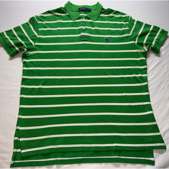 Polo Ralph Lauren Polo Shirt Mens Large Green White Striped Short Sleeve Preppy