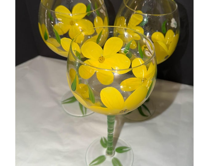 Hand Painted Wine Glasses Set of 3 Yellow Floral Butterfly Barware 9in