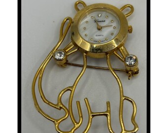Vienna Cat Brooch Watch Womens Gold Tone Rhinestone Novelty Jewelry