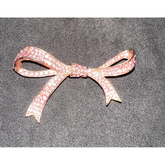 Vintage KJL Kenneth Jay Lane Bow Brooch Pin OS Pink Rhinestone Crystal Rose Gold