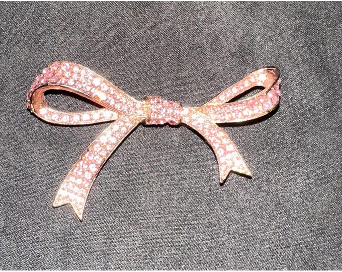 Vintage KJL Kenneth Jay Lane Bow Brooch Pin OS Pink Rhinestone Crystal Rose Gold