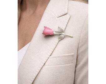 Vintage Avon Pink Rose Stem Brooch Long Floral Pin Romantic Cottagecore Statemen