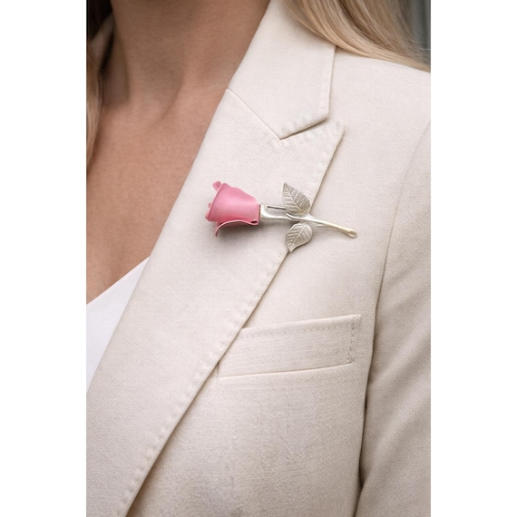 Vintage Avon Pink Rose Stem Brooch Long Floral Pin Romantic Cottagecore Statemen