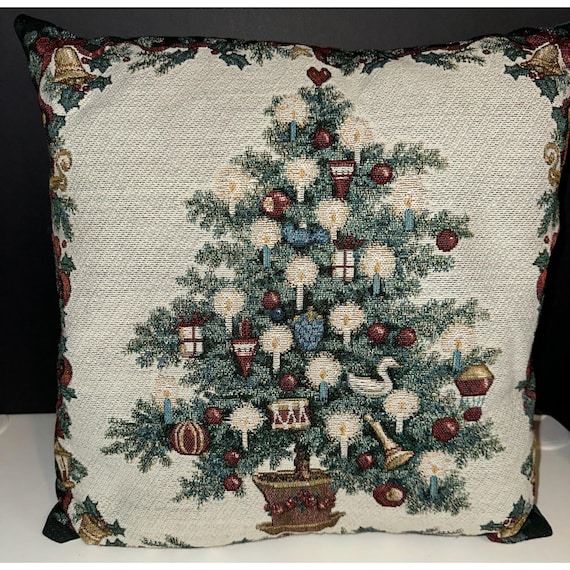 Vintage Christmas Tapestry Throw Pillow Tree Candles Ornaments Holiday Decor