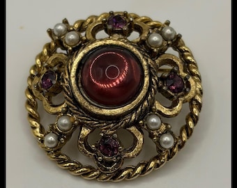 Round Brooch Small Gold Red Purple Faux Pearl Vintage Pin