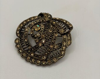 Vintage Brooch Womens Small Bronze Rhinestone Art Deco Swirl Pin