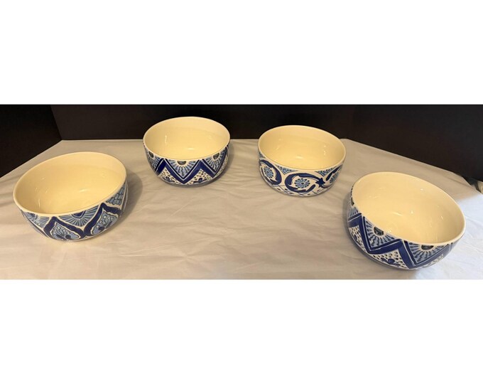 Maxcera Cereal Soup Bowls Set of 4 Blue White Handcrafted Talavera Style