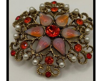 Faux Opal Rhinestone Brooch Small Gold Red Pearl Filigree Vintage