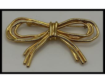 Bow Brooch Gold Tone Wire Multi Strand Ribbon Pin Accessory