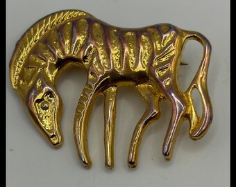 vintage Zebra Brooch Small Gold Textured Animal Safari Pin