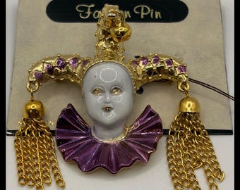 Jester Clown Face Brooch Pin Small Gold Purple Enamel Tassel Mardi Gras