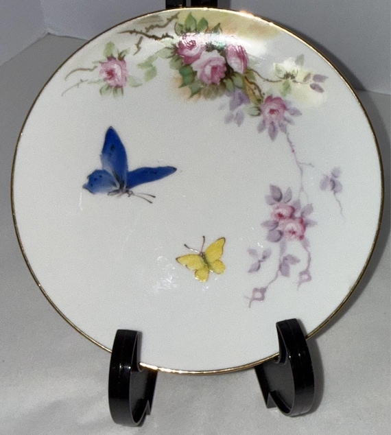 Vintage Nippon Hand Painted Butterfly & Floral Plate 6 3/8" Gold Trim Japan