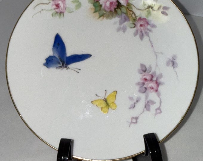 Vintage Nippon Hand Painted Butterfly & Floral Plate 6 3/8" Gold Trim Japan