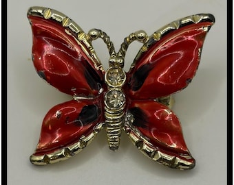 Butterfly Pin Small Red Gold Tone Enamel Rhinestone Vintage