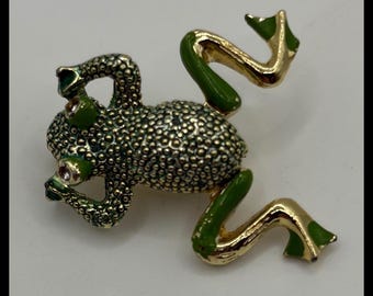Frog Brooch Small Green Gold Tone Enamel Rhinestone Pin