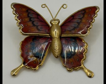 Butterfly Pin Brooch Small Gold Red Enamel Cloisonne Vintage