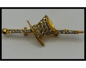 Top Hat and Cane Brooch Small Gold Rhinestone Sparkly Lapel Pin