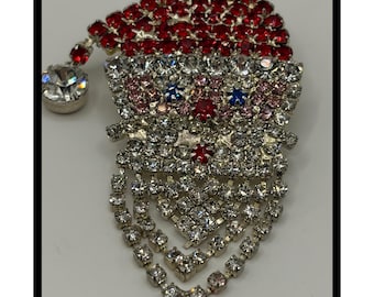 Vintage Santa Claus Brooch Pin Silver Red White Rhinestone Christmas