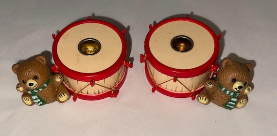 Vintage 1980s Holiday Memories Teddy Bear Drum Candle Holder Set Boxed