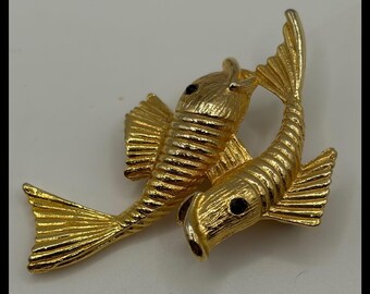 Vintage Double Koi Fish Brooch  Gold Textured Animal Jewelry