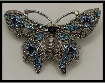 Butterfly Brooch Small Blue Silver Filigree Rhinestone Pin Accessory