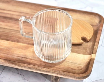 Ribbed Clear Glass Mugs, Wooden Lid, Short & Tall Transparent Mug, Creative Aesthetic Cup, Heat Resistant Glass for Hot Coffee, Tea, Milk