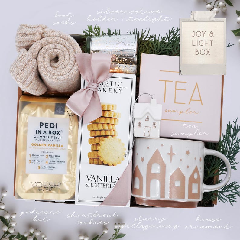 Christmas Gifts for Her, Holiday Stocking Gift Box, Holiday Housewarming, Gifts for Women, Sister, Best Friend, Hygge Blanket Box, Cozy Gift JOY & LIGHT