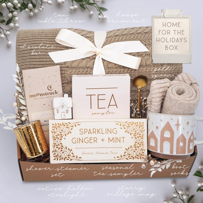 Cozy Gift Box: Knit Blanket, Relaxing Care Package, Holiday Season Gift, Cozy Winter Gift Set, Christmas Gift Box, Hostess Christmas Gifts HOME FOR THE HOLIDAY