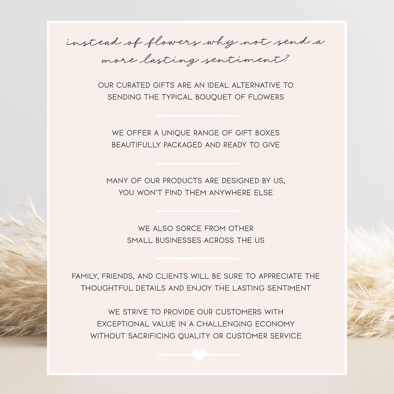 Op de afbeelding: Een lichtroze rechthoekig bord met donkere tekst die luidt: instead of flowers why not send a more lasting sentiment? Our curated gifts are an ideal alternative to sending the typical bouquet of flowers. We offer a unique range of gift boxes.