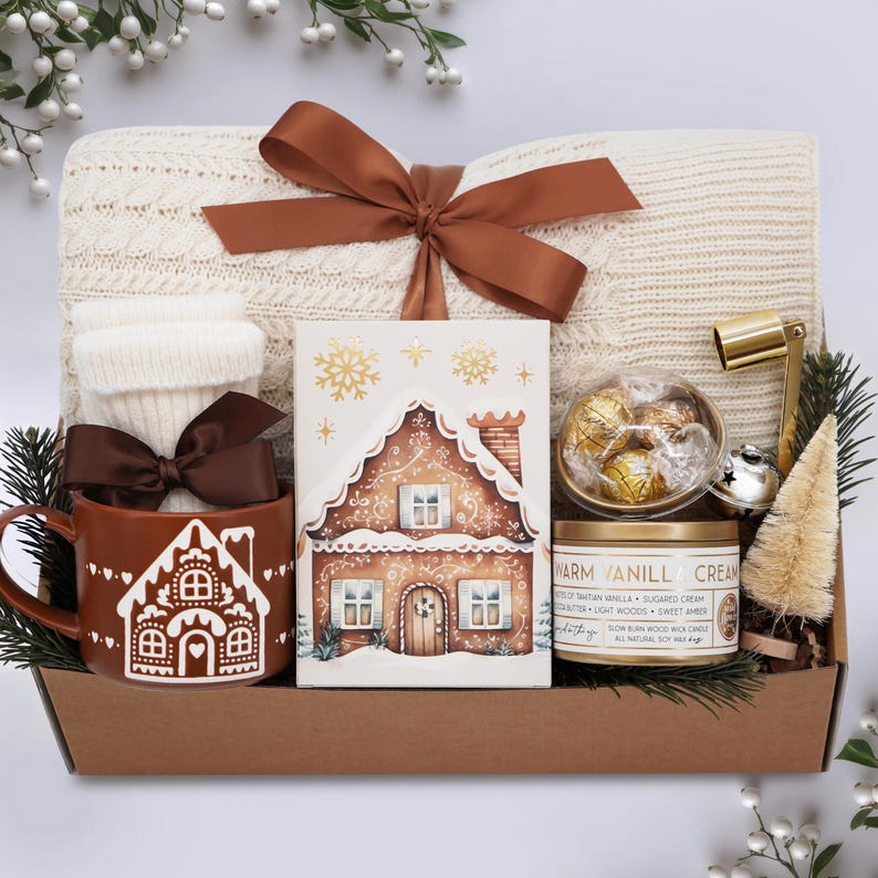 Cozy Gift Box: Knit Blanket, Relaxing Care Package, Holiday Season Gift, Cozy Winter Gift Set, Christmas Gift Box, Hostess Christmas Gifts image 1