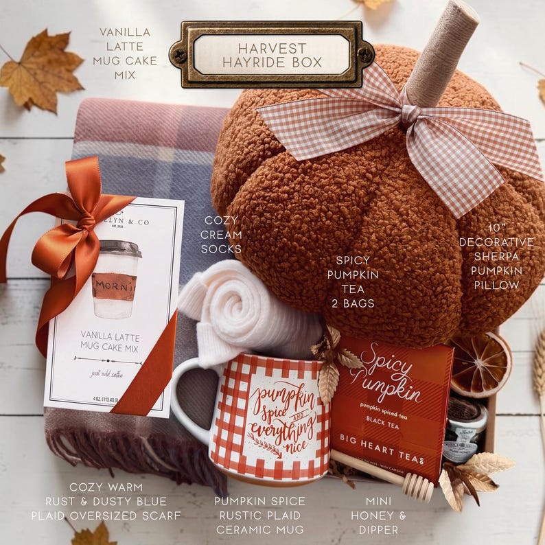 May include: A Harvest Hayride gift box containing a 10-inch decorative sherpa pumpkin pillow with a gingham bow, a rust and dusty blue plaid scarf, a pumpkin spice plaid ceramic mug, vanilla latte mug cake mix, spicy pumpkin tea, and honey.