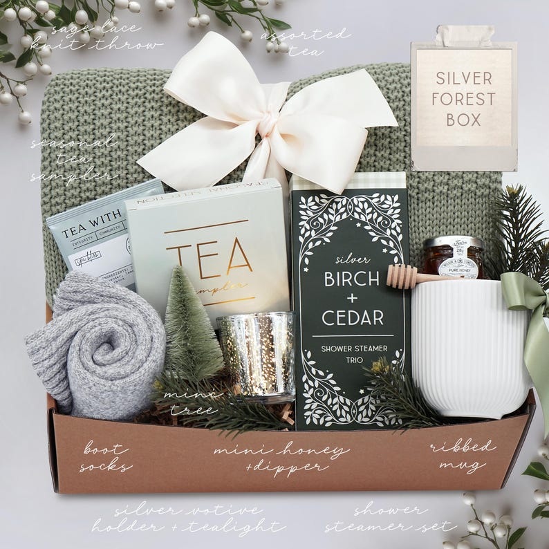 Cozy Gift Box: Knit Blanket, Relaxing Care Package, Holiday Season Gift, Cozy Winter Gift Set, Christmas Gift Box, Hostess Christmas Gifts SILVER FOREST