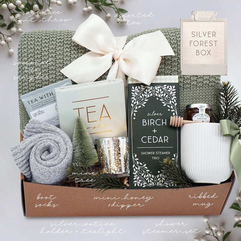 Christmas Gifts for Her, Holiday Stocking Gift Box, Holiday Housewarming, Gifts for Women, Sister, Best Friend, Hygge Blanket Box, Cozy Gift SILVER FOREST