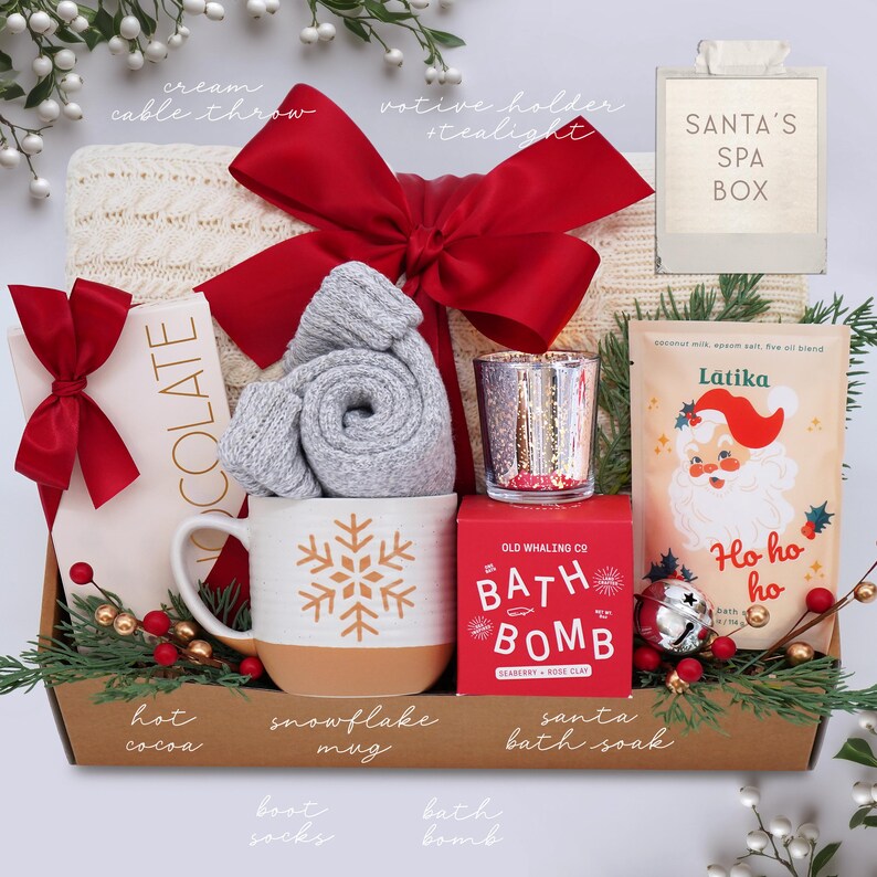 Cozy Gift Box: Knit Blanket, Relaxing Care Package, Holiday Season Gift, Cozy Winter Gift Set, Christmas Gift Box, Hostess Christmas Gifts SANTAS SPA BOX