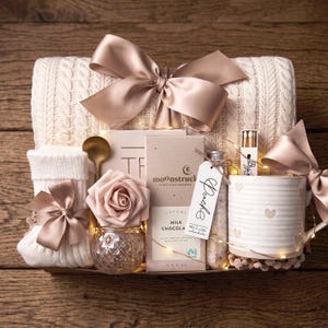 Op de afbeelding: Een geschenkmand met een cr&egrave;mekleurige kabelgebreide deken met een grote satijnen strik, witte geribbelde sokken met een strik, een gouden lepel, een kunstroos in een glazen pot, een Moonstruck melkchocoladereep, een flesje met label en een hartjesmok.