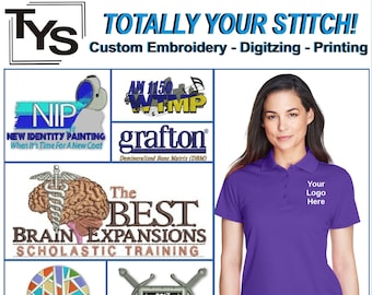 May include: Purple polo shirt with the text "Your Logo Here" embroidered on the right chest. The shirt is displayed on a white background with other embroidered designs, including a brain with a snake wrapped around it, a tree with a colorful design, and a shield with swords.