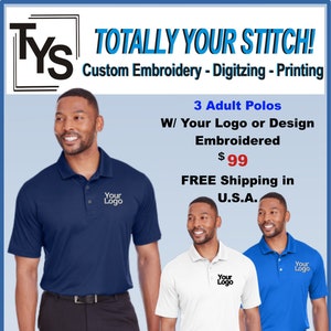 3 Adult Polos with your Business Logo Embroidered