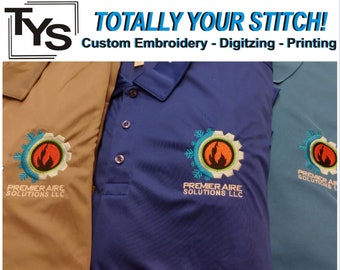 May include: Three polo shirts with embroidered logos. The logos are a white gear with a blue snowflake and an orange flame inside. The text below the logos reads "Premier Aire Solutions LLC".