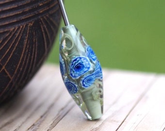 Pale Sage Green Lampwork Flower Glass Bead with blue coloured flowers - Focal Beads - Handmade Glass Beads - Beads for Jewellery Making