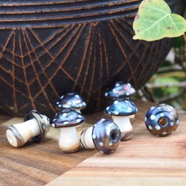 Metallic Black Lampwork Mushroom Beads - Glass Mushrooms - Mushroom Beads - Amanita Beads - Glass Amanita - iridescent beads