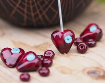 Heart with Flower Bead set, Valentines Lampwork Handmade Beads, Small Bead Set, beads jewellery making