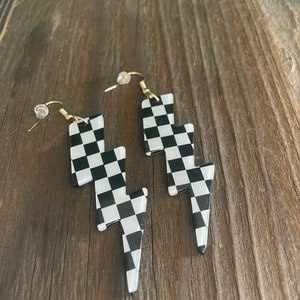 Checkered print lightening bolt earrings