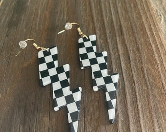 Checkered print lightening bolt earrings