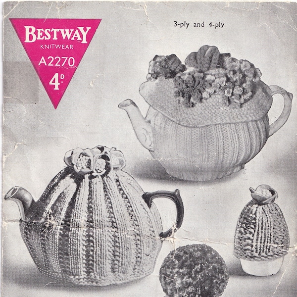 TEA COSIES in three styles with matching Egg-cosy. Vintage pattern Bestway Knitwear A2270