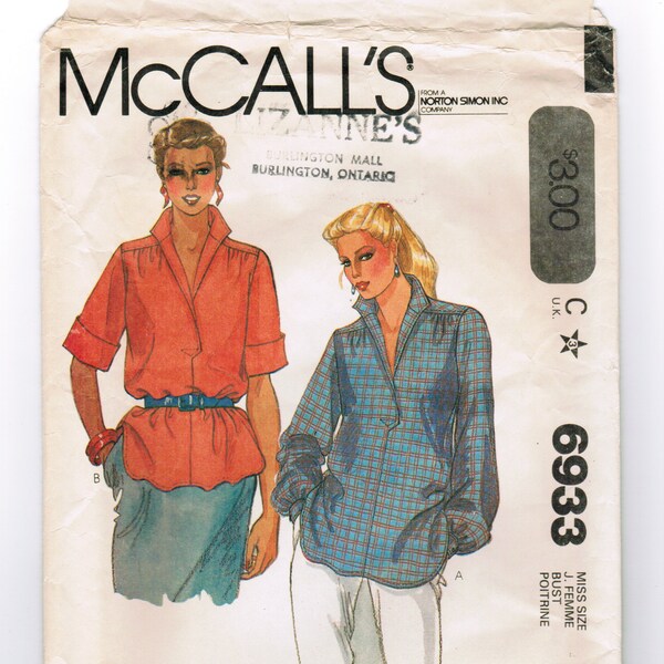 McCall's 6933; ©1980; Misses' pullover top with front opening and stand-up collar. Size 16. Cut and Complete.