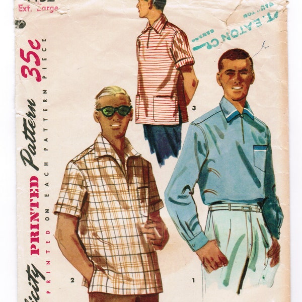 Simplicity 1432; ©1955; Men's Sport Shirt. Long or short sleeved. size - X-Large. Cut and Complete.