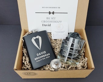 Groomsmen Proposal box / Best man Proposal / Father of the Bride / Bachelor party / Personalized flask & whisky glass