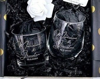 Personalized Whiskey and Wine Glass set for couples | Laser engraved glass set| Anniversary Gift | married Couple Gift | Engagement Gift