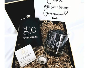 Groomsmen Proposal box / Best man Proposal / Father of the Bride, Groom / Personalized flask & whisky glass, custom slate coaster