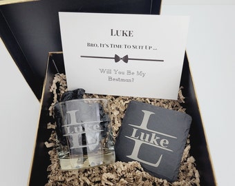 Groomsmen Proposal box / Best man Proposal / Father of the Bride / Bachelor party / Personalized whisky glass & slate Coaster